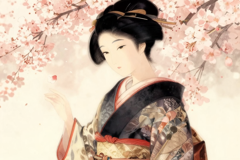 浮世絵風の女性と春の夜