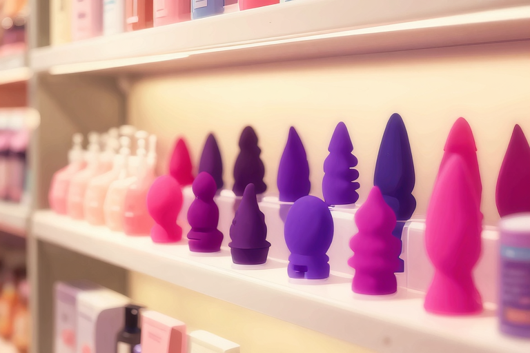 アナル開発グッズ一式:シリコン製プラグ、水性ローションボトル、防水シーツ、落ち着いた照明の棚、アニメスタイル