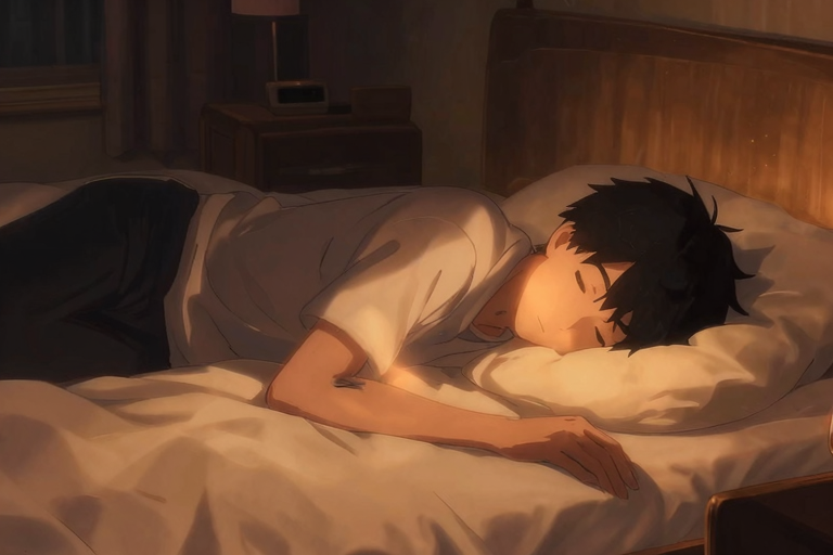 夜の部屋でリラックスした姿勢で横になっている人物のシルエット、ベッドの上、間接照明、穏やかな雰囲気、アニメスタイル