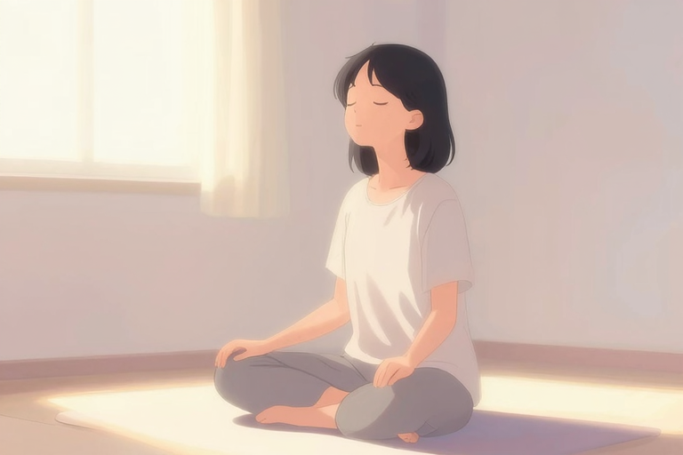 女性が静かに目を閉じ、内なる感覚に意識を向けているような瞑想的な構図、柔らかな光