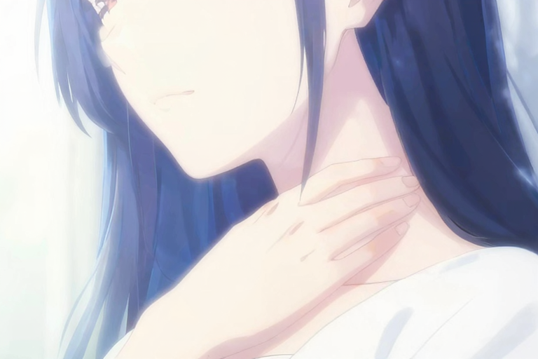 手を首元に優しく添える女性、圧力なし、支配感と安全さの共存、柔らかい照明、アニメスタイル、masterpiece, very aesthetic