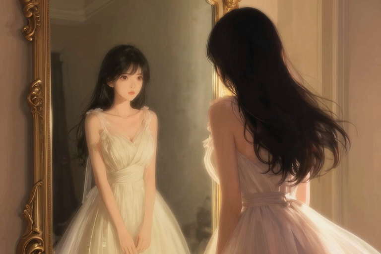 鏡の前で佇むアニメ調の人物。ドレスをまとった姿が反射に映り、内側の光が柔らかく滲む。アイデンティティの発見、自己受容の静かな瞬間。