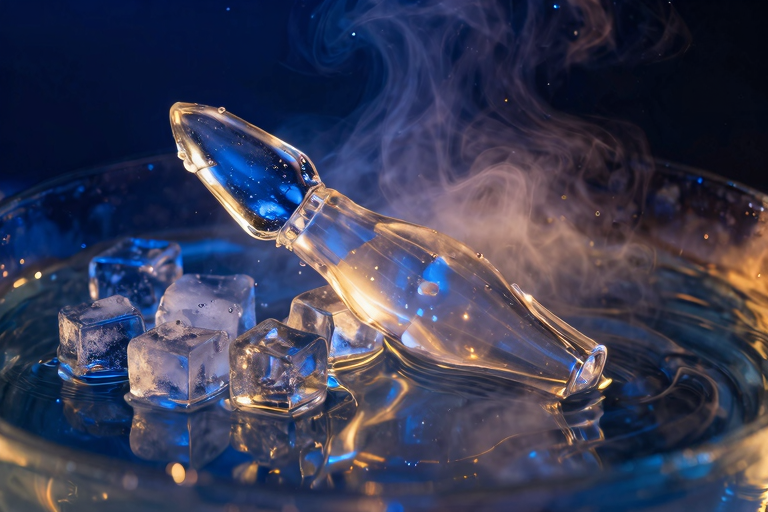 冷水に沈んだガラス製ディルドと湯気の立つ温かい水、温冷の対比、蒸気と氷、深青色と暖かいオレンジのコントラスト、エレガントな静物写真風, no humans, masterpiece, very aesthetic, score_9, score_8_up