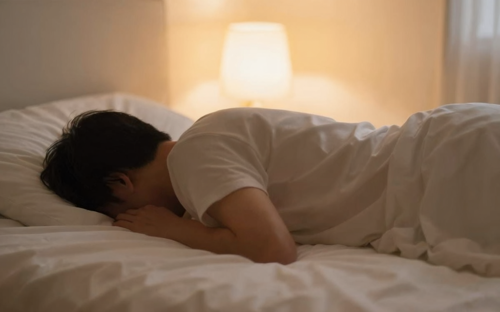 男性が横向きに寝て、穏やかにリラックスしているシーン。ベッドに柔らかな光が当たっている。