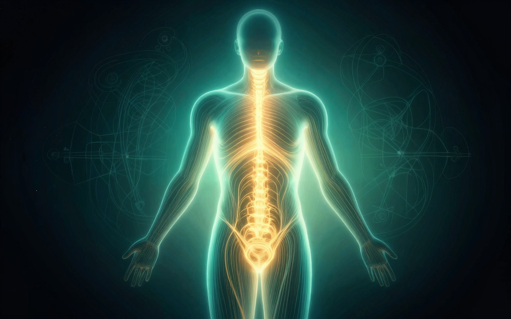 人体のエネルギーフローを可視化した抽象的なデジタルアート。背骨と骨盤沿いに光のラインが走り、深い青とゴールドのグラデーション。