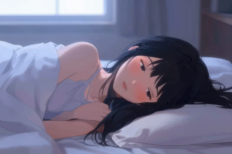 ベッドで横になる女性、静かな部屋、夕暮れの光、エッジングのイメージ、アニメ調