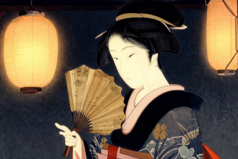 江戸の夜、提灯と扇子を持つ女性