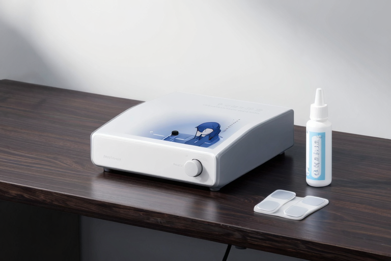 E-stim専用コントローラーユニット、デュアルチャンネル出力、電極パッド、黒い机の上に整然と並べられた器具、ミニマルなスタジオ照明、アニメスタイル