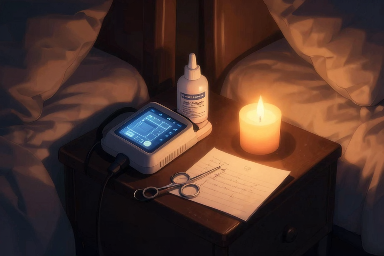 暗い部屋のベッドサイドテーブル、電気刺激デバイスのコントローラー、導電ジェルのボトル、医療用ハサミ、セーフワードのメモ紙、キャンドル1本、薄暗い雰囲気、物だけの静物画、アニメスタイル