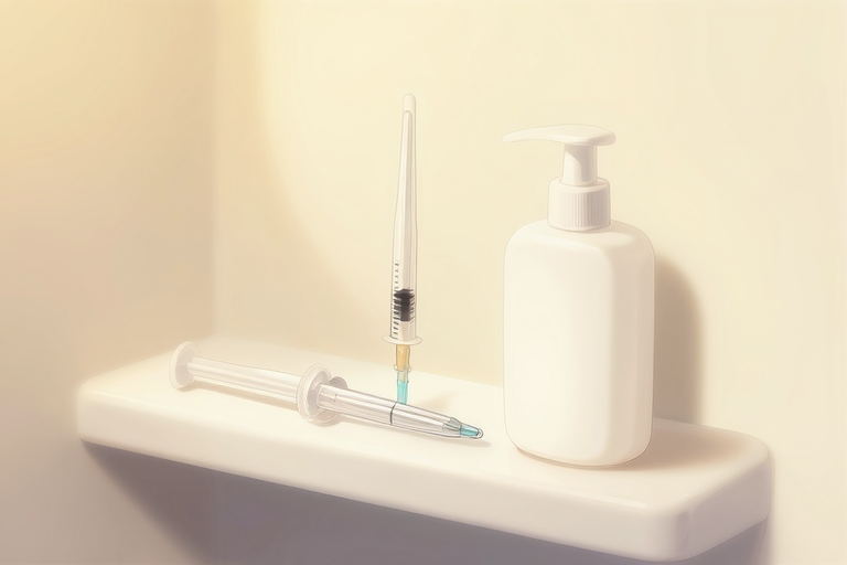 浣腸用バルブシリンジとルブのボトル、バスルームの棚に並んでいるアニメ調のイラスト、柔らかい照明、清潔感のある雰囲気