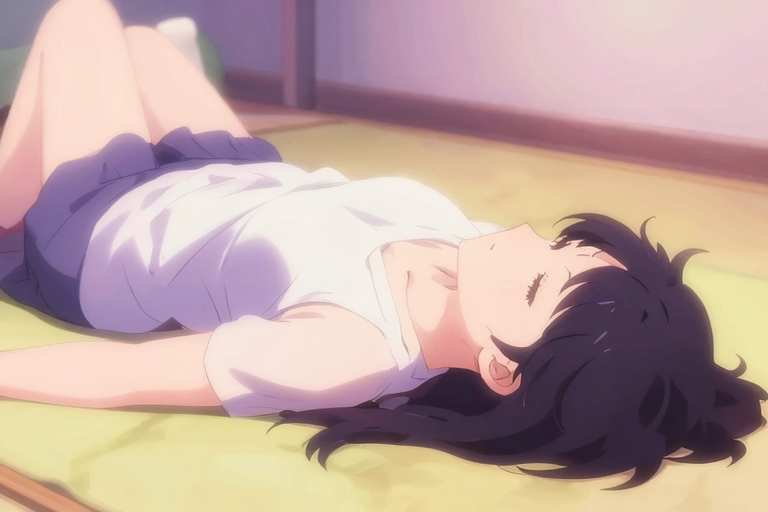 仰向けに寝てリラックスしている女性、柔らかい照明、淡いカラーのアニメスタイル、プライベート空間の落ち着いた雰囲気