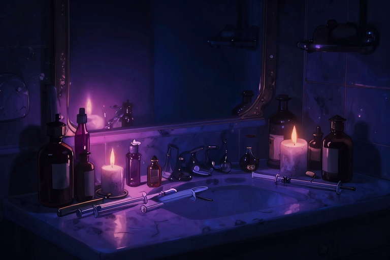 浣腸器具の種類と安全性の違いをイメージした暗い部屋の神秘的なイラスト