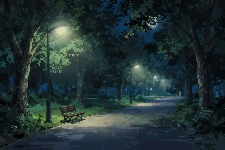 夜の公園、街灯の光が木々に差し込む静かな雰囲気のイラスト