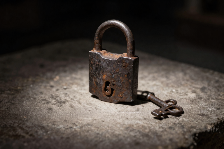 錆びた古い鍵と南京錠、暗い石の台の上に置かれている。歴史と秘密の雰囲気。