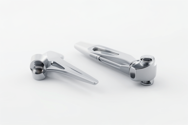銀色のシリコンと金属のパーツ、クリーンな白背景。モダンなアダルトグッズのプロダクト的な構図。