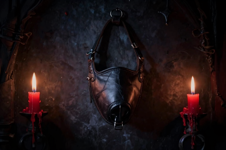 薄暗い部屋にレザー製の口枷が置かれているイメージ——蝋燭の灯り、支配の雰囲気