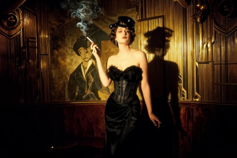 1920年代ワイマール期のベルリンをイメージした退廃的なキャバレーの雰囲気——煙草の煙、ガスライト、レザーの衣装