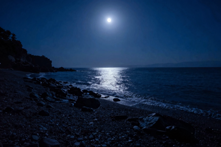 rocky coastline at night, empty beach in ibaraki, moonlight reflecting on water, no people, dark waves, solitary atmosphere, anime style, masterpiece, very aesthetic, score_9, score_8_up