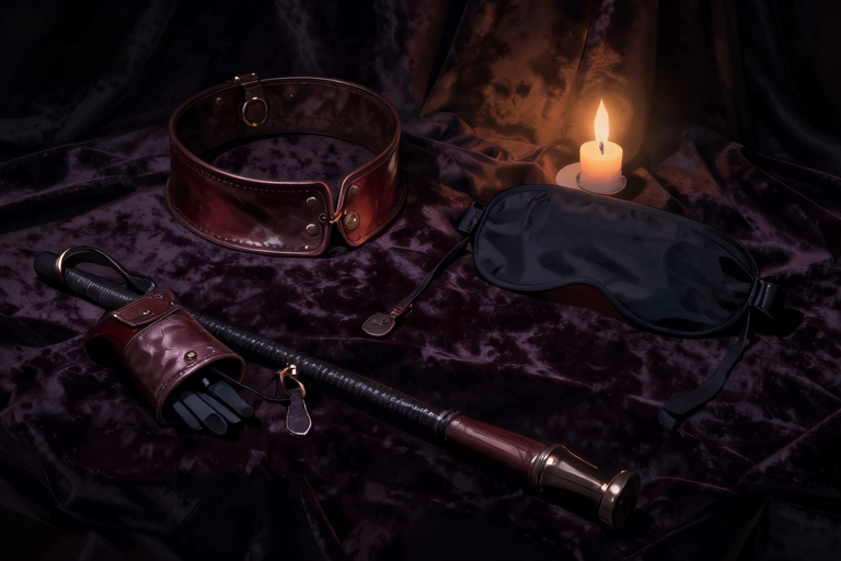 sm gear arrangement on wooden floor, leather collar, wrist cuffs, riding crop and blindfold laid out neatly, candlelight, dark moody atmosphere, no people, artistic still life, anime style, masterpiece, very aesthetic, score_9, score_8_up