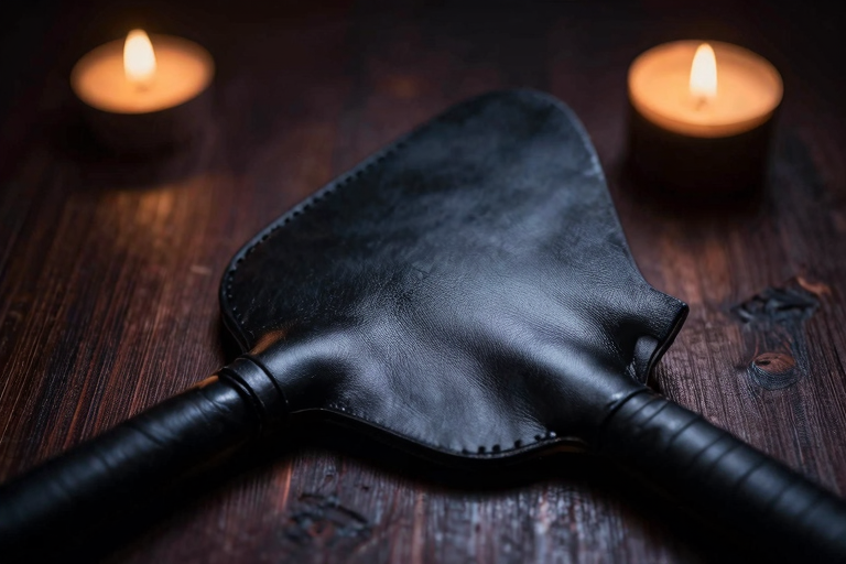 黒い革製のパドルと手の質感。暗い背景、キャンドルの灯り、SM道具の静物画的なイメージ