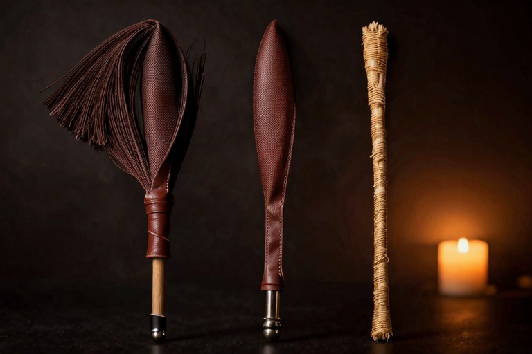 フロッガー・乗馬鞭・ケーンの3種が並べられたイメージ。革のテクスチャ、暗い木のテーブル、静物画風のムード撮影