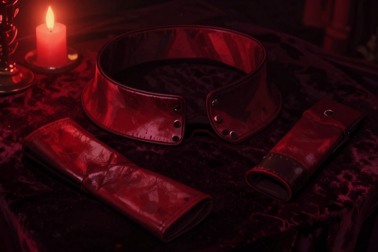 dark hotel room with leather restraints and mood lighting, elegant adult atmosphere, candlelight, no people, moody interior, anime style, masterpiece, very aesthetic, score_9, score_8_up