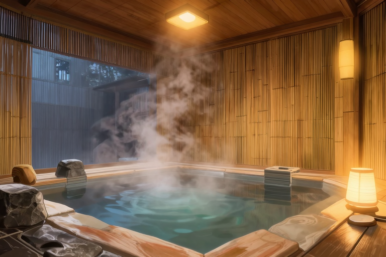private hot spring bath in japanese inn, steam rising from stone bath, wooden interior, bamboo decor, no people, peaceful atmosphere, anime style, masterpiece, very aesthetic, score_9, score_8_up