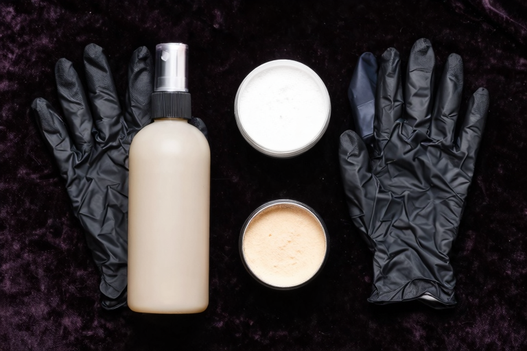 ラテックス素材のグローブと黒いレザーコルセット、テーブルの上に並べられたケアグッズ(シリコーンスプレーとポリッシュ)、スタジオ撮影風の商品配置、暗めの背景, masterpiece, very aesthetic, score_9, score_8_up