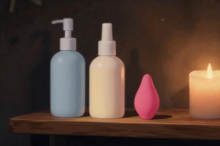 水性ローション、シリコン系ローション、アナルプラグが並んだテーブル、ソフトな照明、アニメスタイルのイメージ