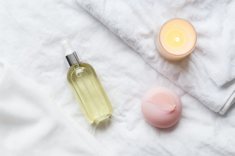 ニップルケアのイメージ:ローションと清潔なタオルが置かれた穏やかな雰囲気