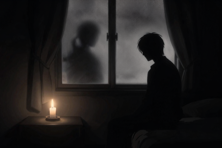 夜の部屋、蝋燭の光、遠ざかる二つのシルエット、モノクロームの静けさ