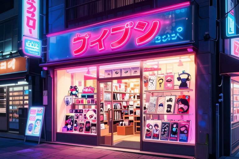japanese adult store front in akihabara style, shop window with erotic products display, neon signs, nighttime urban street, anime style, no people, masterpiece, very aesthetic, score_9, score_8_up