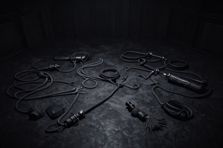 淡い光の差し込む部屋。床に置かれたロープと革製の道具。静かな緊張感のあるモノクロ調のイメージ。
