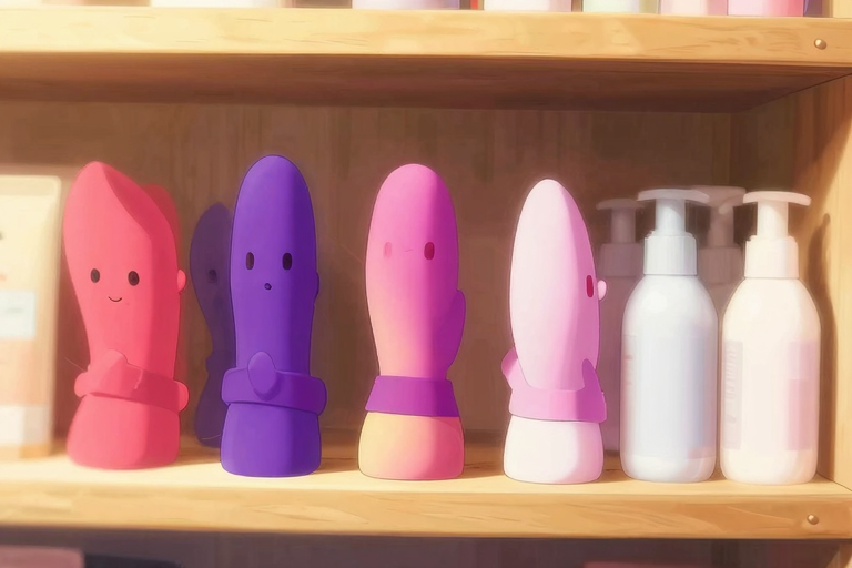 シリコン製ストラップオンディルド、ハーネス、水性ローションボトルが棚に整然と並んでいるイメージイラスト。落ち着いた間接照明、アニメスタイル