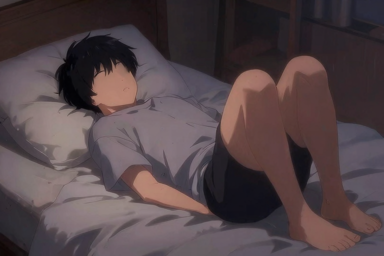 一人で横になってリラックスしながら会陰部分に指を当てているイメージ、柔らかい照明のベッドルーム、アニメスタイル