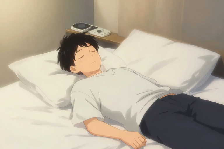 1boy, adult man lying on bed relaxed, eyes closed, soft warm bedroom lighting, calm peaceful atmosphere, night stand nearby, quiet contemplative mood, anime style, tasteful, masterpiece, very aesthetic, score_9, score_8_up