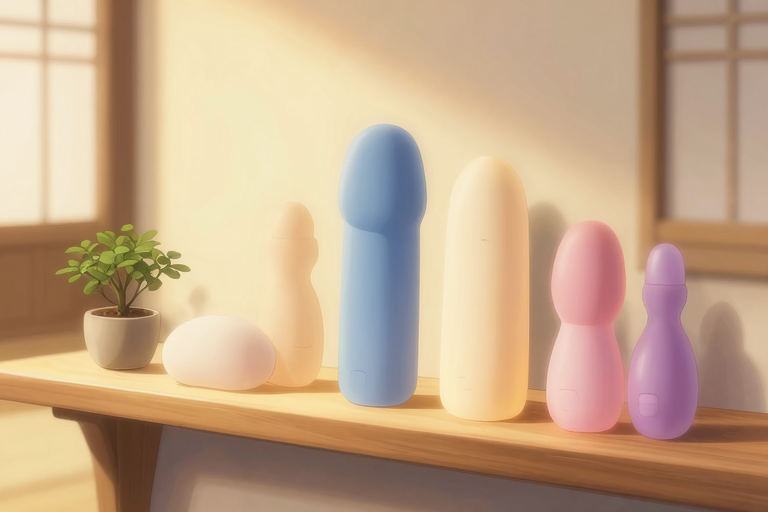 several wellness devices on a minimalist wooden shelf, soft warm lighting, tasteful product arrangement, no text, serene atmosphere, clean aesthetic, anime illustration style, masterpiece, very aesthetic, score_9, score_8_up