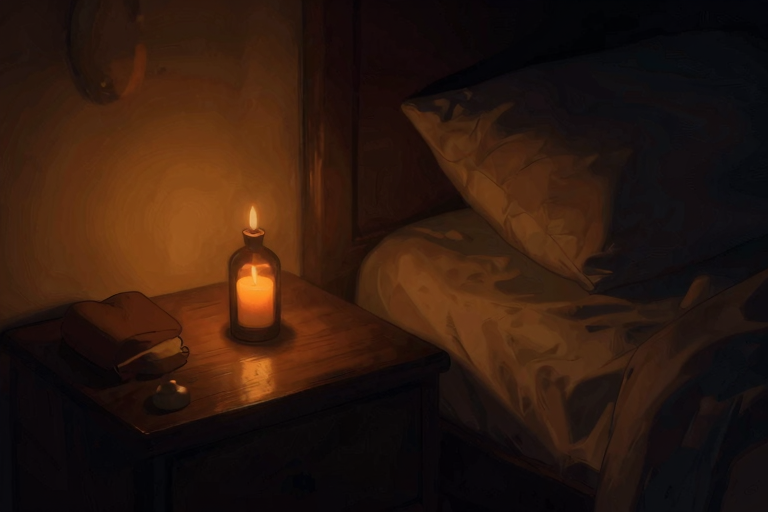 暗い部屋、キャンドルの光、ベッドサイドに置かれたローションとアナルプラグ、艶やかな雰囲気、モノトーン調アニメスタイル