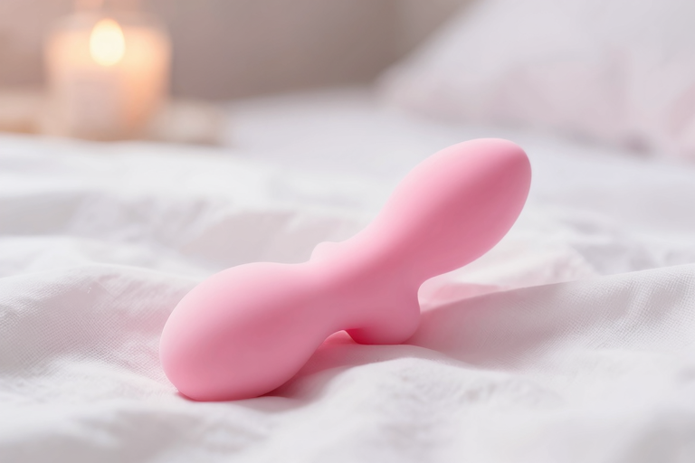 カップルが一緒に使うデバイスのイメージ、柔らかい間接照明の寝室、シーツの上に置かれたシリコン製のカップルバイブ、落ち着いたブルーとホワイトのトーン、物撮りスタイル, masterpiece, very aesthetic, score_9, score_8_up