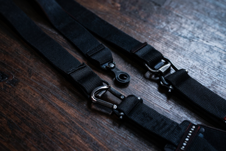 黒いナイロンストラップと金属製カラビナの素材感、床に広げたスイングのハードウェア一式
