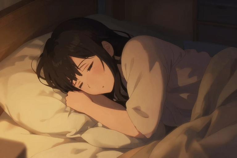 静かな部屋、うつ伏せで枕に顔を埋めている女性のシルエット、薄暗い寝室、アニメスタイル