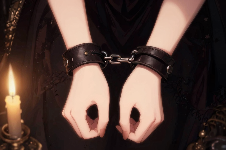 革製カフのイメージ——蝋燭の灯りに照らされた革製拘束具