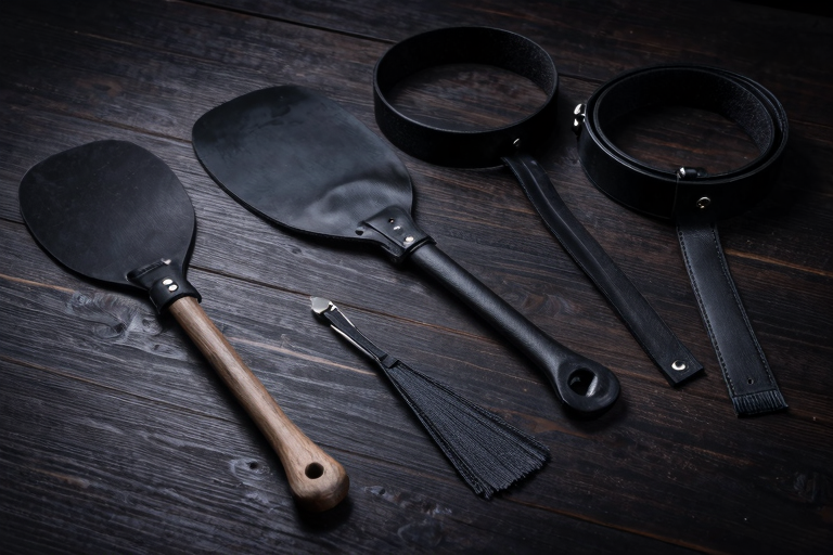 various BDSM spanking implements arranged on wooden surface, leather paddle, handcuffs, dark moody aesthetic, no people, artistic display, masterpiece, very aesthetic, score_9, score_8_up