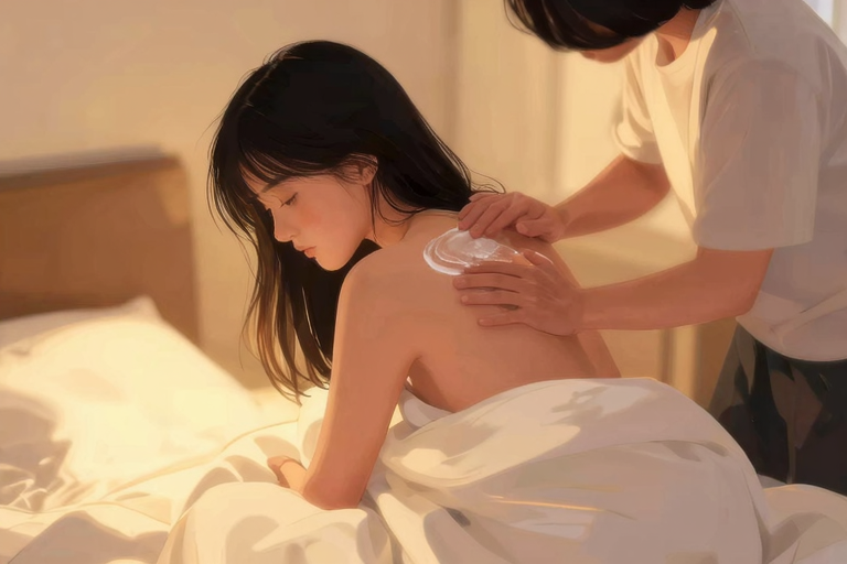 anime girl wrapped in soft blanket, sitting on bed, partner beside her with gentle expression, warm lamp light, post-play aftercare scene, intimate and safe atmosphere, masterpiece, very aesthetic, score_9, score_8_up