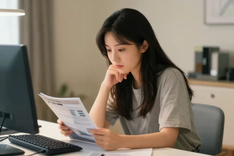 女性が自宅で商品の説明書を真剣に読んでいる、明るいリビング