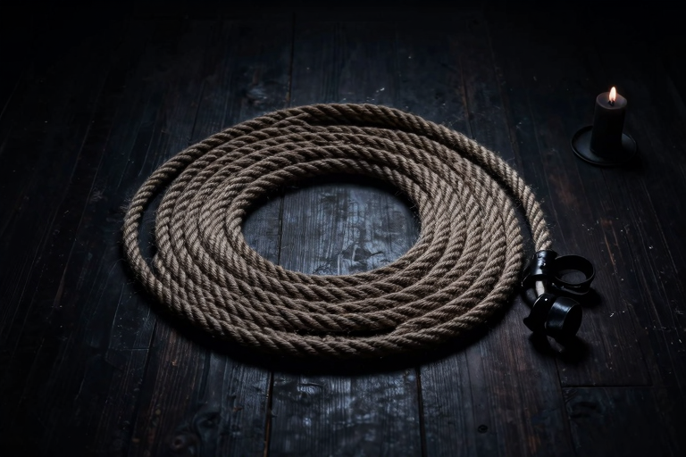 ロープと革製カフス — 暗い床の上にキャンドルの光