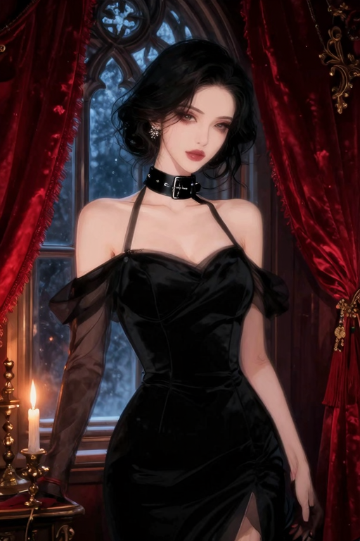 woman in elegant black dress, standing near red velvet curtain, gothic candelabra, moody atmospheric lighting, fetish fashion, anime illustration style, masterpiece, very aesthetic, score_9, score_8_up
