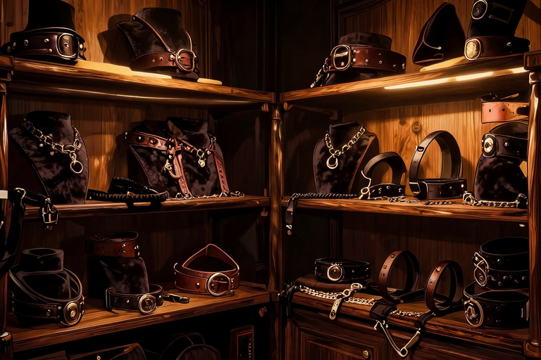 fetish boutique interior, leather collars and chokers on dark velvet display, restraints accessories on wooden shelves, moody amber lighting, no people, high-end adult shop, anime style illustration, masterpiece, very aesthetic, score_9, score_8_up