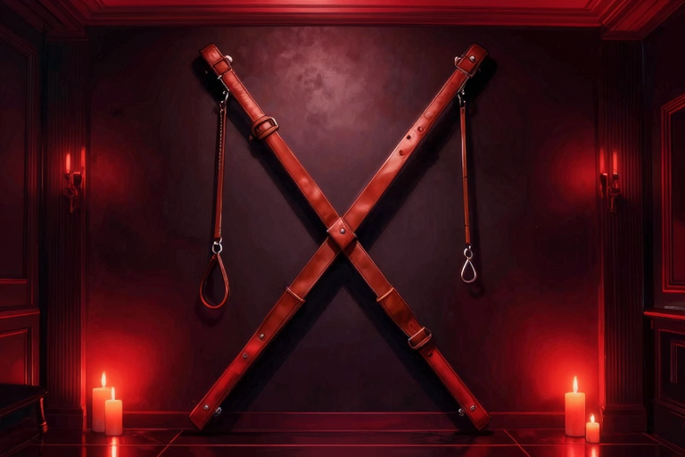 SM hotel room interior, x-shaped cross rack on dark wall, leather restraints hanging, deep red ambient lighting, luxury dark decor, no people, dramatic shadows, candle glow, anime style illustration, masterpiece, very aesthetic, score_9, score_8_up