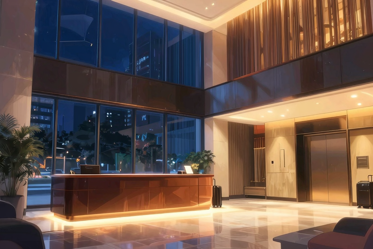 プライベート感のある薄暗い廊下に並ぶナンバリングされた個室ドア